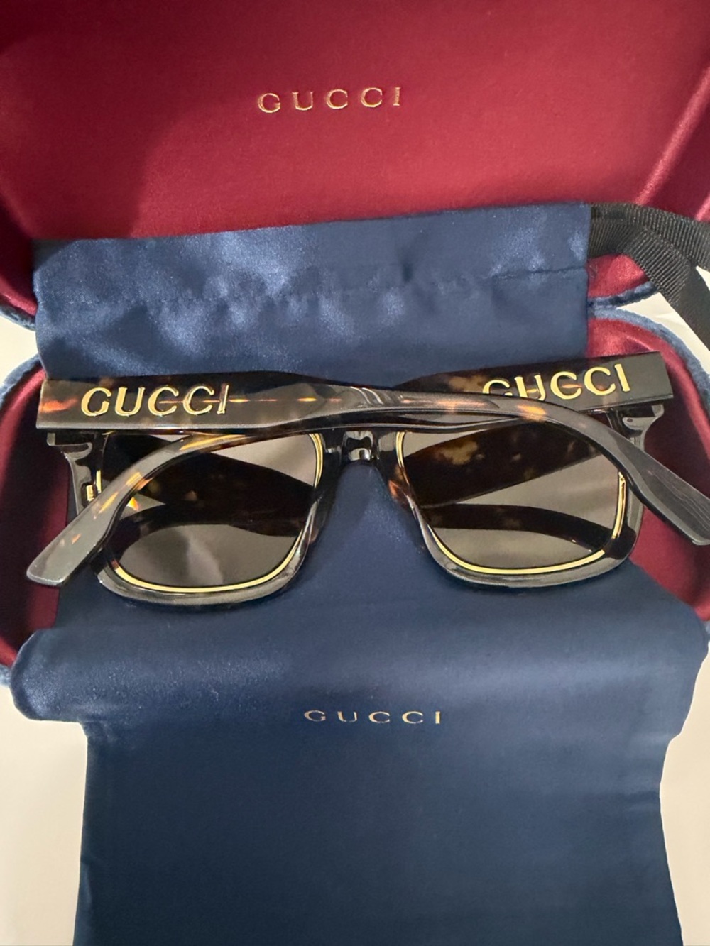 Gucci Square Lens Tortoiseshell Sunglasses with Gold Logo